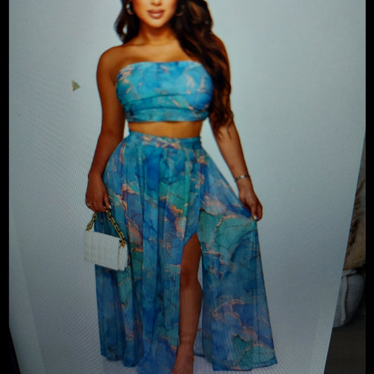 Sky Blue Two Piece Skirt Set